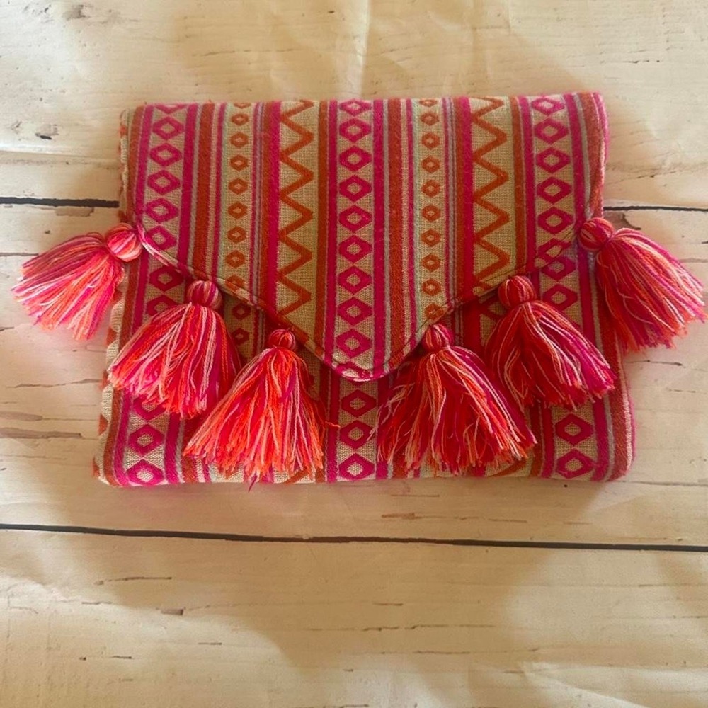 Mudpie Pink and orange embroidered geometric patterned clutch with tassels - Picture 1 of 8